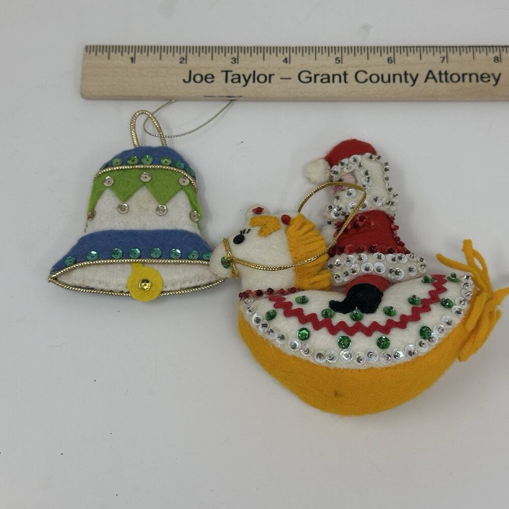 Vintage Buscilla Felt & Sequined Rocking Horse Santa and Bell #1878